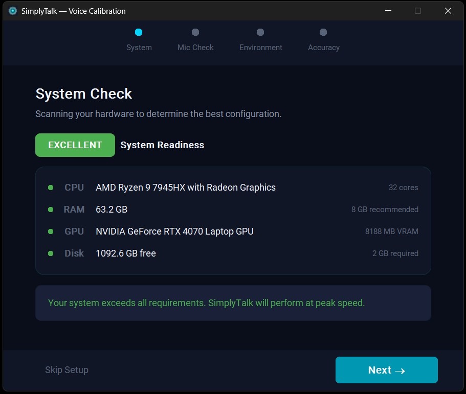 SimplyTalk Voice Calibration wizard showing system check with CPU, RAM, GPU, and disk readiness