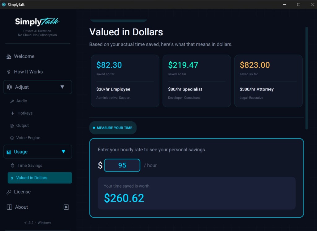 SimplyTalk Valued in Dollars calculator showing savings across employee, specialist, and attorney hourly rates