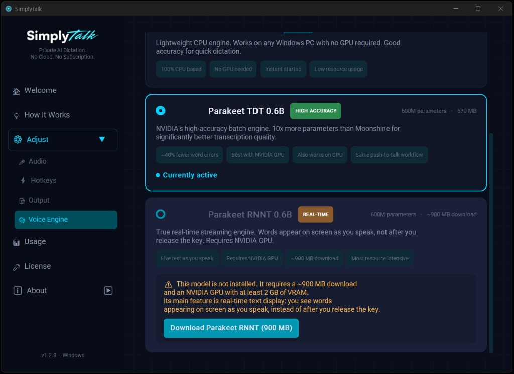 SimplyTalk Voice Engine settings showing Moonshine, Parakeet TDT, and Parakeet RNNT model options